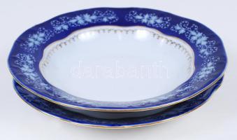 Zsolnay Pompadour lapos és leveses tányér, kézzel festett, jelzett, hibátlan, d:23,5 és 24 cm