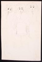 Erdei Viktor (1879 - 1945) Három lány kő-papír rajza (8x12,5cm)