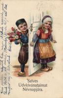 Hungarian greeting card, name day, litho (fl)