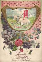 Easter, lamb, floral, decorated, Embossed litho (fl)