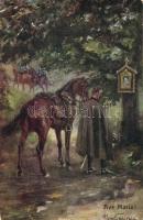 Ave Maria! soldiers, horses, artist signed