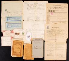 1913-1946 Vegyes okmány tétel (végzés, keresztlevél, helyhatósági és iskolai bizonyítványok, levelek, borítékok, könyv), 15 db
