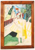 K jelzéssel: Lány a teraszon. Olaj, farost, keretben, 57×38 cm