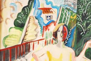 K jelzéssel: Lány a teraszon. Olaj, farost, keretben, 57×38 cm