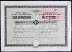 Budapest 1920. "Bárdi József Automobil Részvénytársaság" részvénye 200K-ról szelvényekkel, szárazpecséttel, felülbélyegzéssel T:II-