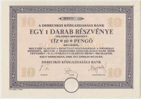 Derecske 1926. "Derecskei Közgazdasági Bank" részvénye 10P-ről szárazpecséttel, szelvényekkel T:I