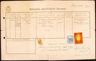 1918 Karánsebes, Születési anyakönyvi kivonat 1 koronás városi illetékbélyeggel