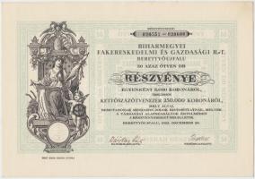 Berettyóújfalu 1923. "Biharmegyei Fakereskedelmi és Gazdasági Részvénytársaság" részvénye 5000K-ról szelvényekkel T:I-