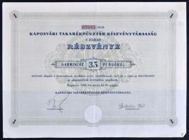 Kaposvár 1938. "Kaposvári Takarékpénztár Részvénytársaság" részvénye 35P-ről szárazpecséttel, szelvényekkel T:III