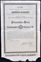 Ukrajna / Csernyivci 1887. Bukovinai helyi vasút részvénye 200G-ről német nyelven szelvényekkel T:III/III- Ukraine / Czernowitz 1887. "Bukowinaer Localbahnen" share about 200 gulden with coupons C:F/VG