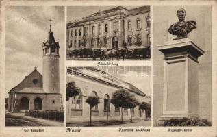 Monor, Evangélikus templom, járásbíróság, Iparosok székháza, Kossuth szobor (Rb)