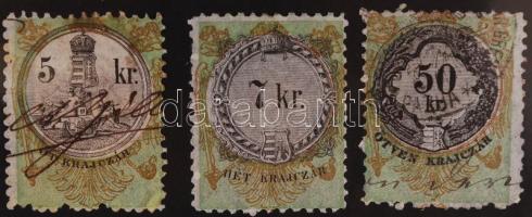 1870 Határőrvidék, 3 db okmánybélyeg (5, 7 és 50 krajcár hártyapapíron)