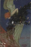 'Joyeux Noel' Christmas, litho Art Nouveau postcard  s: Raphael Kirchner (wet damage)