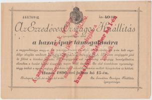 1896. "Az Ezredéves Országos Kiállítás igazgatósága által a hazai ipar támogatására" rendezett tárgysorsjáték sorsjegye 40f értékben T:II-