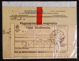 1943-1944 Fegyvertartási engedély kérelmezéséről és leadásáról szóló 4 db dokumentum, 1 db fegyverta...