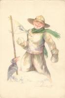 2 db RÉGI cserkész motívumú képeslap, Magyar Cserkészszövetség kiadása, szignós (Márton L.)  / 2 old...