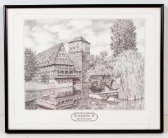 Alt-Nürnberg Hauptmarkt, Am Weinstadel, 2 db nyomat üveg keretben, 26x20 cm, keret: 35x28 cm