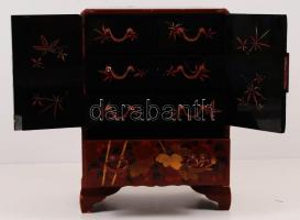 Japán ékszeres lakk szekrény, kulcs nélkül, kis sérülésekkel, jelzett (Mikado), m:33 cm ,13×23 cm