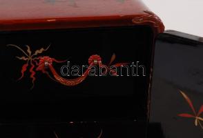 Japán ékszeres lakk szekrény, kulcs nélkül, kis sérülésekkel, jelzett (Mikado), m:33 cm ,13×23 cm