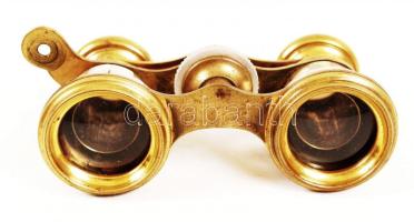Gyöngyház berakásos színházi látcső, réz, 10×6 cm