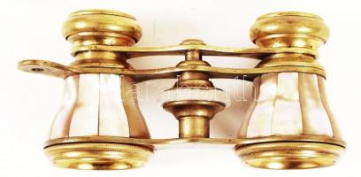 Gyöngyház berakásos színházi látcső, réz, 10×6 cm