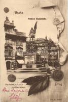 Praha, Prag; Radetzky-square and statue, coins, Vesely's shop, cafe, laurel leaves