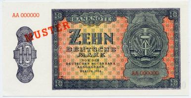 NDK 1954. 10M előlapi próbanyomat "AA 000000" "MUSTER" felülnyomással hátlapon "000538" sorszámmal T:I GDR 1954. 10 Mark trial print "AA 000000" with "MUSTER" Specimen overprint, on the back "000538" serial number C:UNC Krause-Pick 18/s