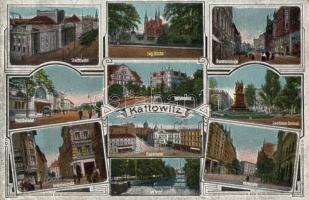 Katowice, Kattowitz; church, railway station, theatre, square