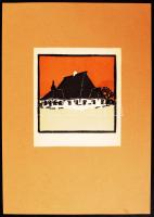 Kós Károly (1883-1977): Ház. Színezett linó, papír, jelzés nélkül, 11×11 cm