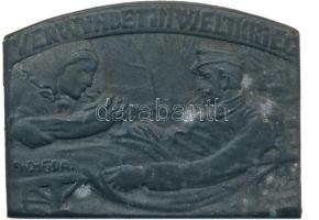 Osztrák-Magyar Monarchia ~1917. "Sebesült a világháborúban" cink sapkajelvény letört akasztófüllel. Szign.: W. HEIDA, készítő: Brüder Schneider Wien 5 (41x30mm) T:2-  Austro-Hungarian Monarchy ~1917. "VERWUNDET IM WELTKRIEG (Wounded in world war)" zinc cap badge with broken hang tab. Sign.: W.HEIDA, maker: Brüder Schneider Wien 5 (41x30mm) C:VF