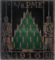 Német Birodalom 1916. "1./8. PMK - 24. 1916. XII. (Pionier-Mineur-Kompanie - Pionír Aknaszállító Század)" zománcozott sapkajelvény (34x31mm) T:2-  German Empire 1916. "1./8. PMK - 24. 1916. XII. (Pionier-Mineur-Kompanie - Pioneer Mining Company)" enamelled cap badge (34x31mm) C:VF