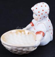 Zsolnay kislány a kosárral, kézzel festett, jelzett (pajzs), hibátlan, m:7 cm, h:10 cm