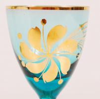 5 db likőrös talpas pohár, kézzel festett, anyagában színes, hibátlan, m:13 cm (5×)