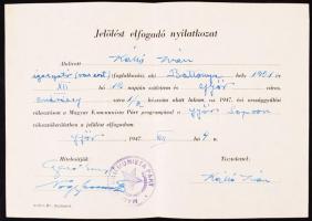 1947 A Magyar Kommunista párt jelölést elfogadó nyilatkozata Gerő Ernő és Nagy Ferenc saját kezű aláírásával