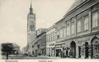 Rimaszombat, Erzsébet tér, Borbély Ferencz fodrászüzlete; ifj. Rábely Miklós kiadása / Elisabeth square, barber shop