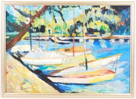 Schéner Mihály (1923-2009): Balaton. Olaj, farost, jelzett, keretben, 50×70 cm