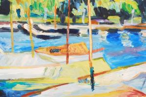 Schéner Mihály (1923-2009): Balaton. Olaj, farost, jelzett, keretben, 50×70 cm