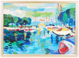 Schéner Mihály (1923-2009): Kikötő. Olaj, farost, jelzett, keretben, 50×70 cm
