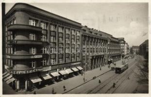 Ostrava, Nádrazní street, Metal furniture, Lavecky and Cerman & Kostal shop, Concordia Insurance Company, Dr. L. Hoffmann dermatologist, tram (EK)