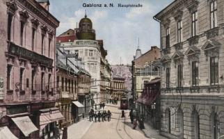 Jablonec nad Nisou, Gablonz; main street, Aullrich's shop, Rote Kreuze, tram (EK)