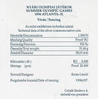 1995. 1000Ft Ag "Nyári Olimpia-Atlanta - vívás" tanúsítvánnyal eredeti dísztokban T:BU
Ada...