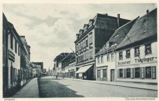 Grimma, Hahnstadterstrasse / street, Thuringian restaurant, shop of Goldschmidt