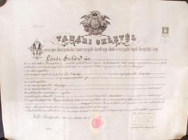 1908 Bp., Díszes tanári oklevél szárazpecséttel, feltekerve, tokban