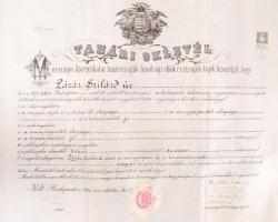 1908 Bp., Díszes tanári oklevél szárazpecséttel, feltekerve, tokban