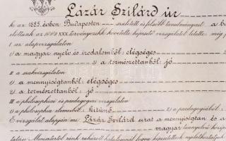 1908 Bp., Díszes tanári oklevél szárazpecséttel, feltekerve, tokban