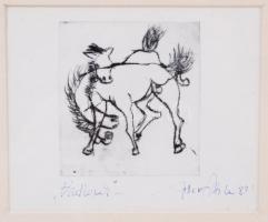 Piller Attila (1961-): Vadlovak. Rézkarc, papír, jelzett, üvegezett keretben, 9×9 cm