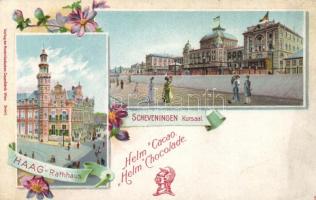 The Hague, Den Haag; Town hall, Scheveningen Kurhaus, Helm chocolate advertisement, Art Nouveau, floral, litho