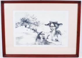 Lacza Márta (1946-): Sonntag. Litográfia, papír, jelzett, üvegezett keretben, 31×51 cm