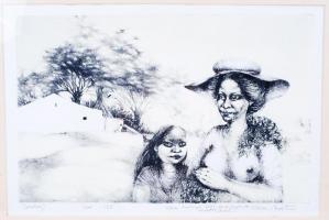 Lacza Márta (1946-): Sonntag. Litográfia, papír, jelzett, üvegezett keretben, 31×51 cm