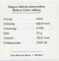 Magyar tallérok utánveretben "Báthory Gábor tallérja 1609" Ag emlékérem (20g/0.999/38,6mm)...